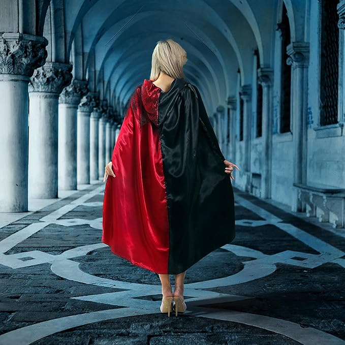 Pelerină Halloween pentru Femei, Leajap, Costum Cosplay Cruella de Vil, 150 cm, Negru - Roșu [6]