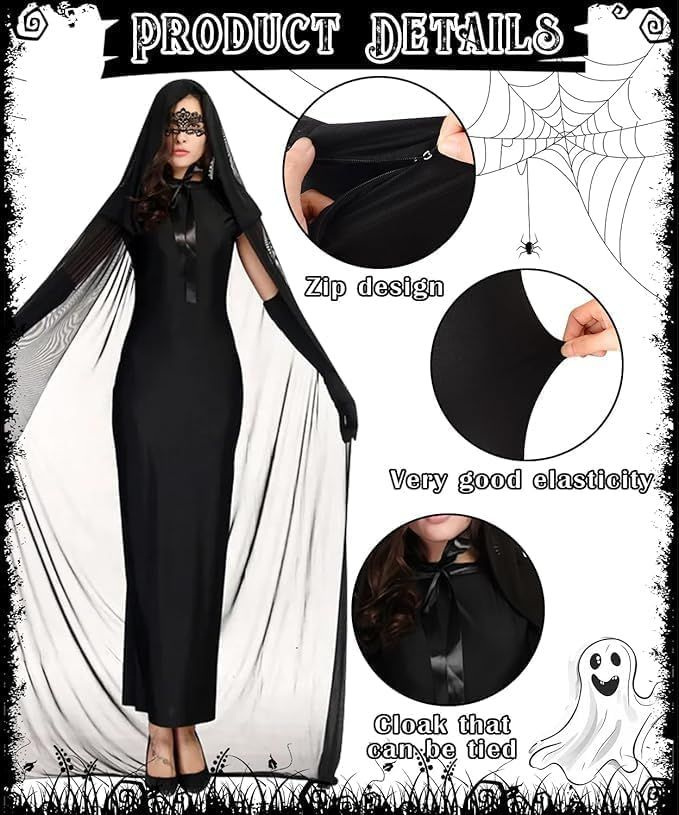 Pelerina Mireasa Fantoma pentru Halloween, cu Gluga, Costum Horror pentru Femei, Negru, M [4]