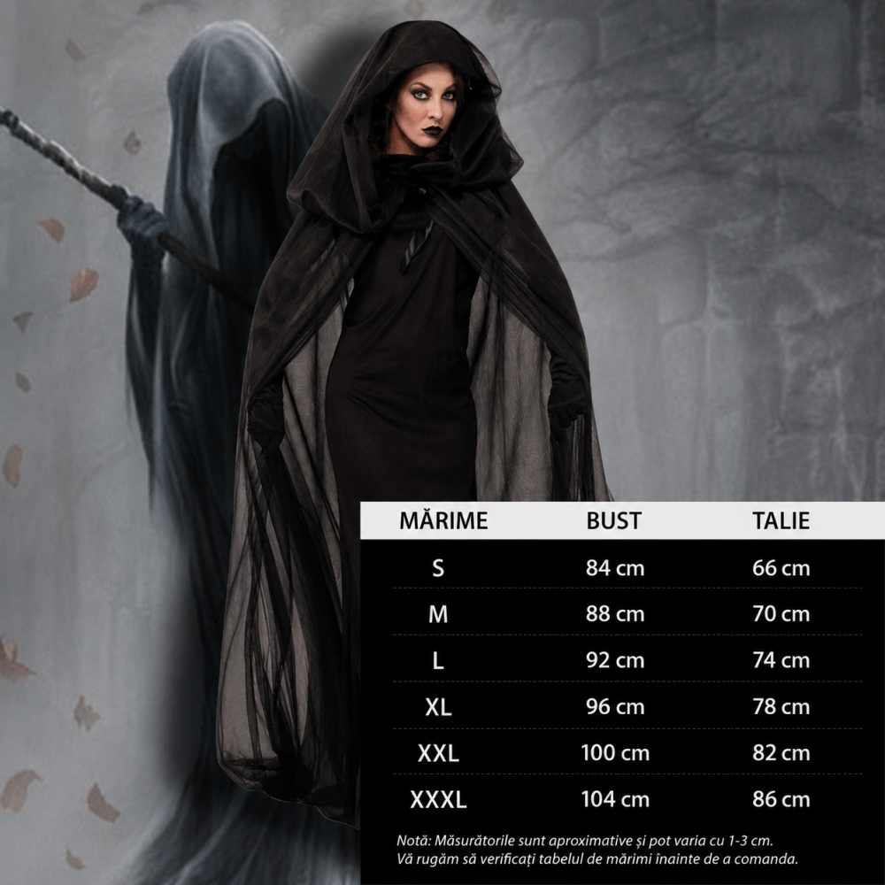 Pelerina Mireasa Fantoma pentru Halloween, cu Gluga, Costum Horror pentru Femei, Negru, M [2]