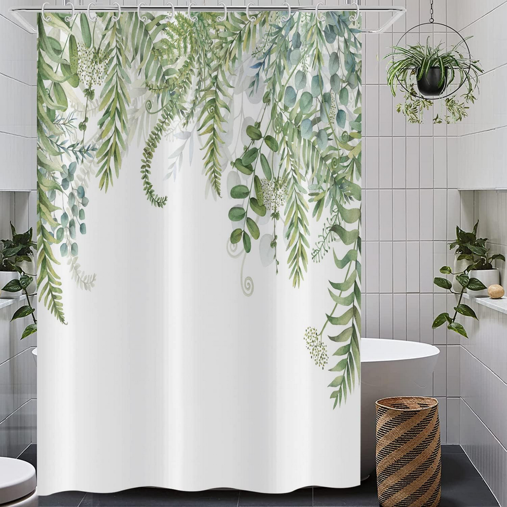 Perdea de dus cu frunze verzi Eucalipt – 160x180 cm, design botanic acvarela, material poliester impermeabil, cu 12 carlige incluse [3]