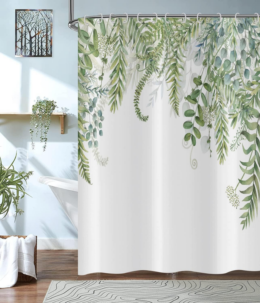 Perdea de dus cu frunze verzi Eucalipt – 160x180 cm, design botanic acvarela, material poliester impermeabil, cu 12 carlige incluse [4]
