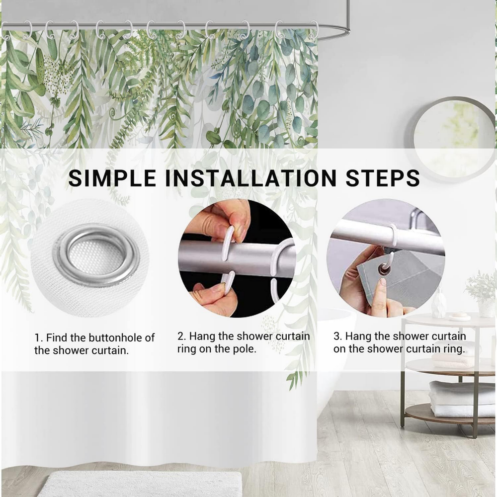 Perdea de dus cu frunze verzi Eucalipt – 160x180 cm, design botanic acvarela, material poliester impermeabil, cu 12 carlige incluse [6]