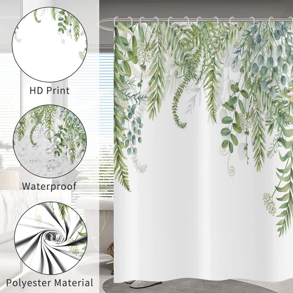 Perdea de dus cu frunze verzi Eucalipt – 160x180 cm, design botanic acvarela, material poliester impermeabil, cu 12 carlige incluse [5]