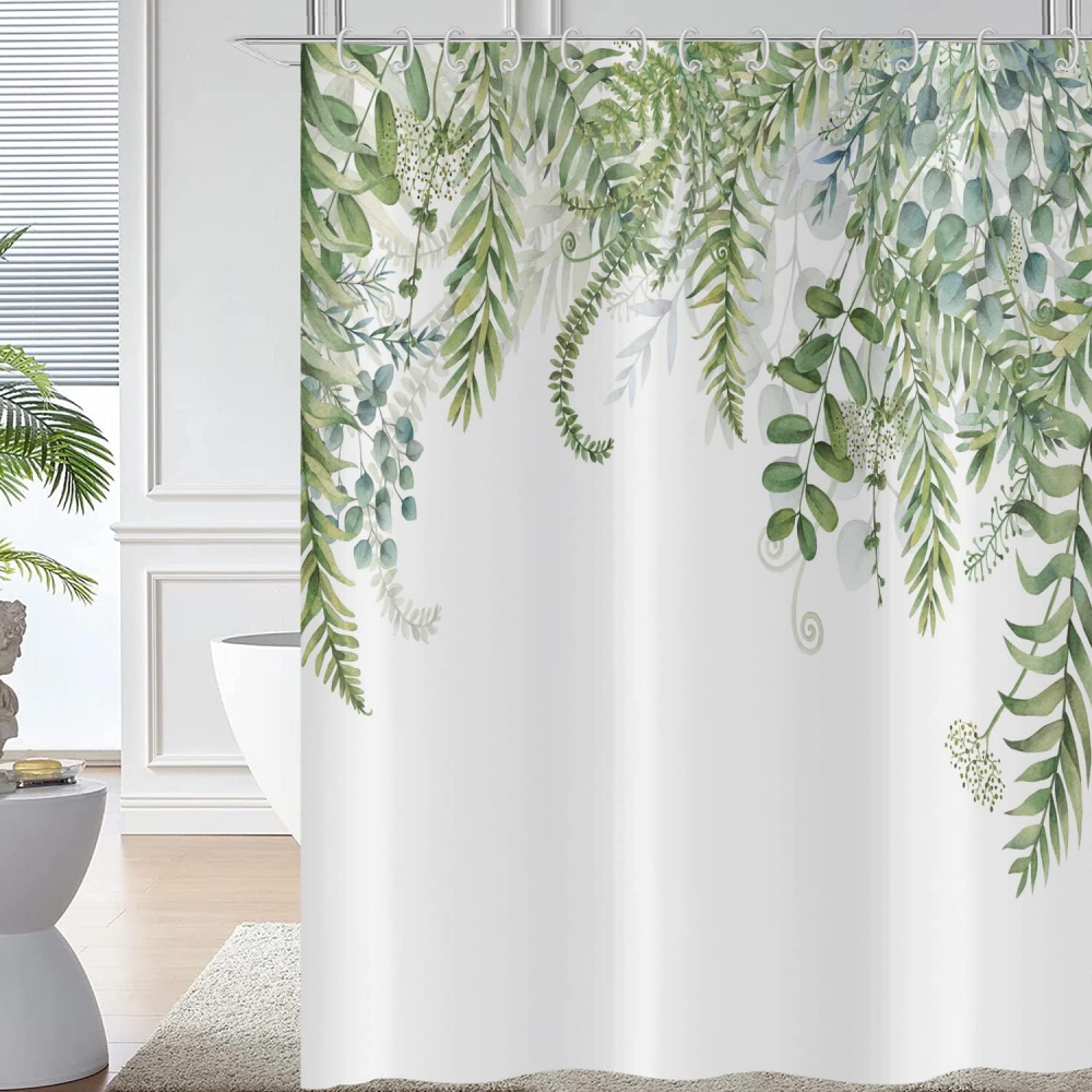 Perdea de dus cu frunze verzi Eucalipt – 160x180 cm, design botanic acvarela, material poliester impermeabil, cu 12 carlige incluse [2]