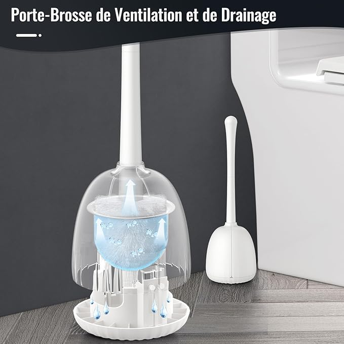 Perie de Toaletă Albă cu Suport, Mâner Lung din Inox 44 cm, Perie Dură 360°, Bază Ventilată Antirugină [1]