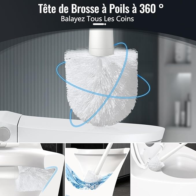 Perie de Toaletă Albă cu Suport, Mâner Lung din Inox 44 cm, Perie Dură 360°, Bază Ventilată Antirugină [8]