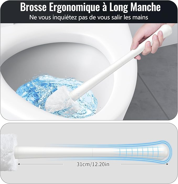 Perie de Toaletă Albă cu Suport, Mâner Lung din Inox 44 cm, Perie Dură 360°, Bază Ventilată Antirugină [7]