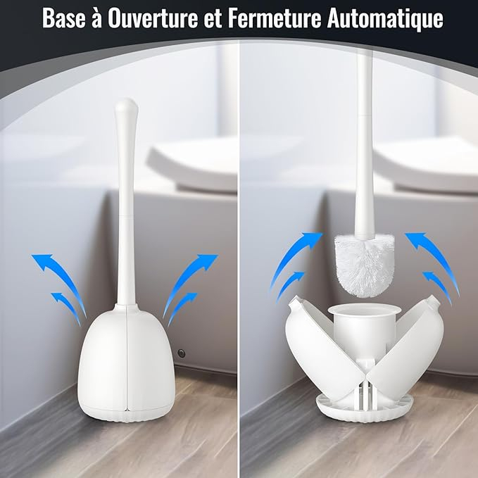 Perie de Toaletă Albă cu Suport, Mâner Lung din Inox 44 cm, Perie Dură 360°, Bază Ventilată Antirugină [4]