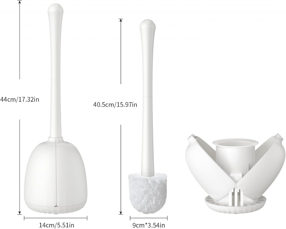 Perie de Toaletă Albă cu Suport, Mâner Lung din Inox 44 cm, Perie Dură 360°, Bază Ventilată Antirugină [3]