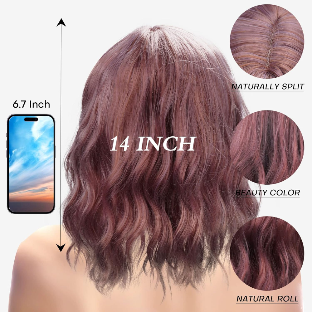Perucă Bob Scurtă Colorată, RODIISKY, rose gold, 35 cm [2]