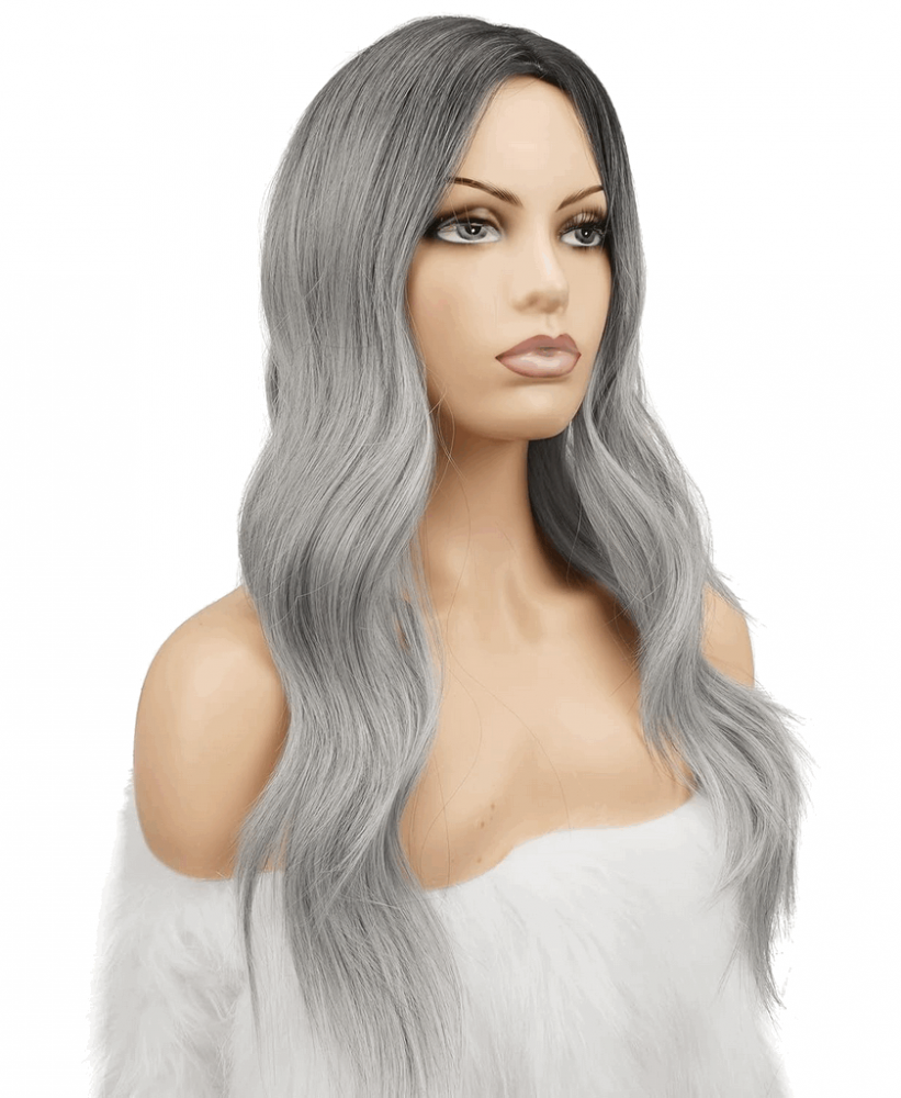 Perucă Lungă FESHFEN, 55 cm, Ombre, gri/negru, B0M1 [4]
