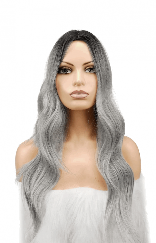 Perucă Lungă FESHFEN, 55 cm, Ombre, gri/negru, B0M1 [2]