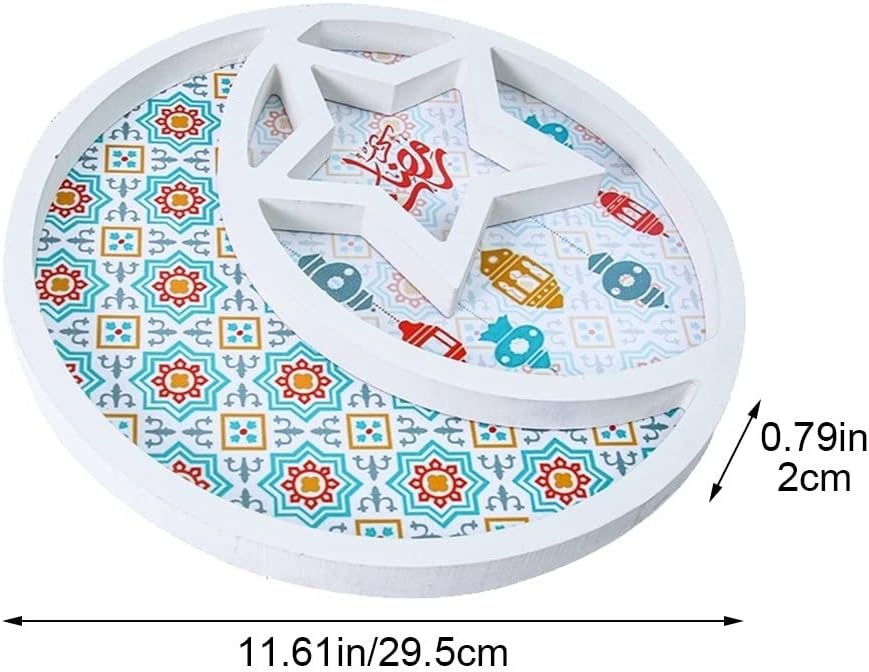 Platou de Servire din Lemn, Design cu Stele și Lună, Tava pentru Deserturi, Suport Display pentru Eid Mubarak, Dimensiuni 29,5 x 2 cm, Alb, VRFH [3]