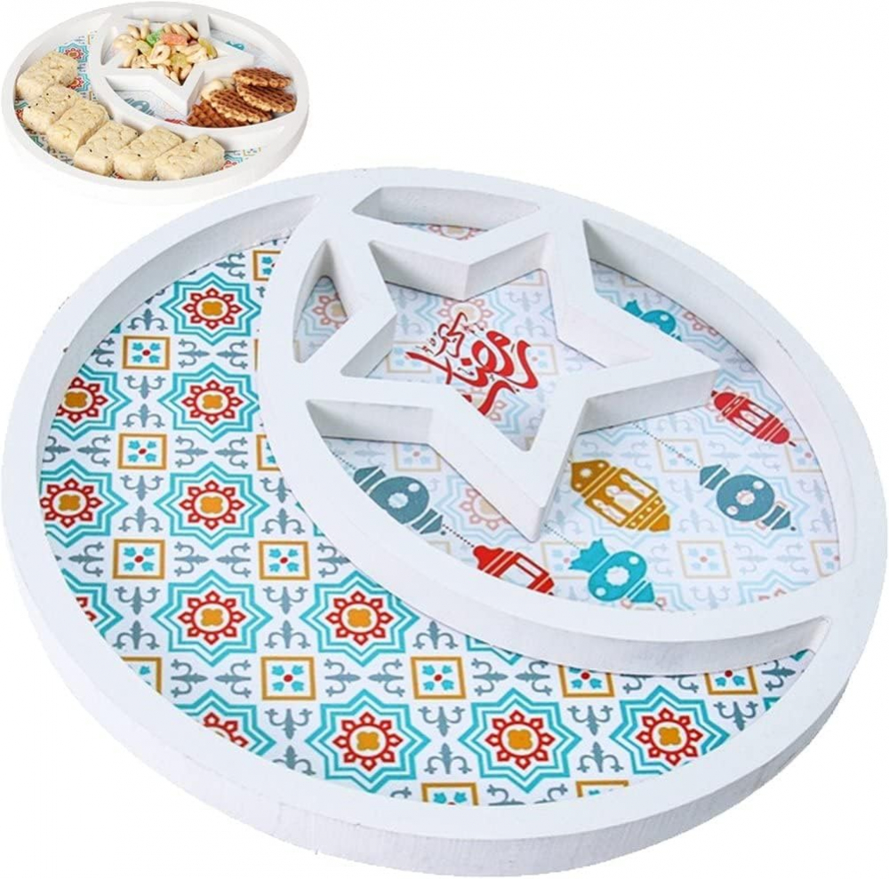 Platou de Servire din Lemn, Design cu Stele și Lună, Tava pentru Deserturi, Suport Display pentru Eid Mubarak, Dimensiuni 29,5 x 2 cm, Alb, VRFH [5]