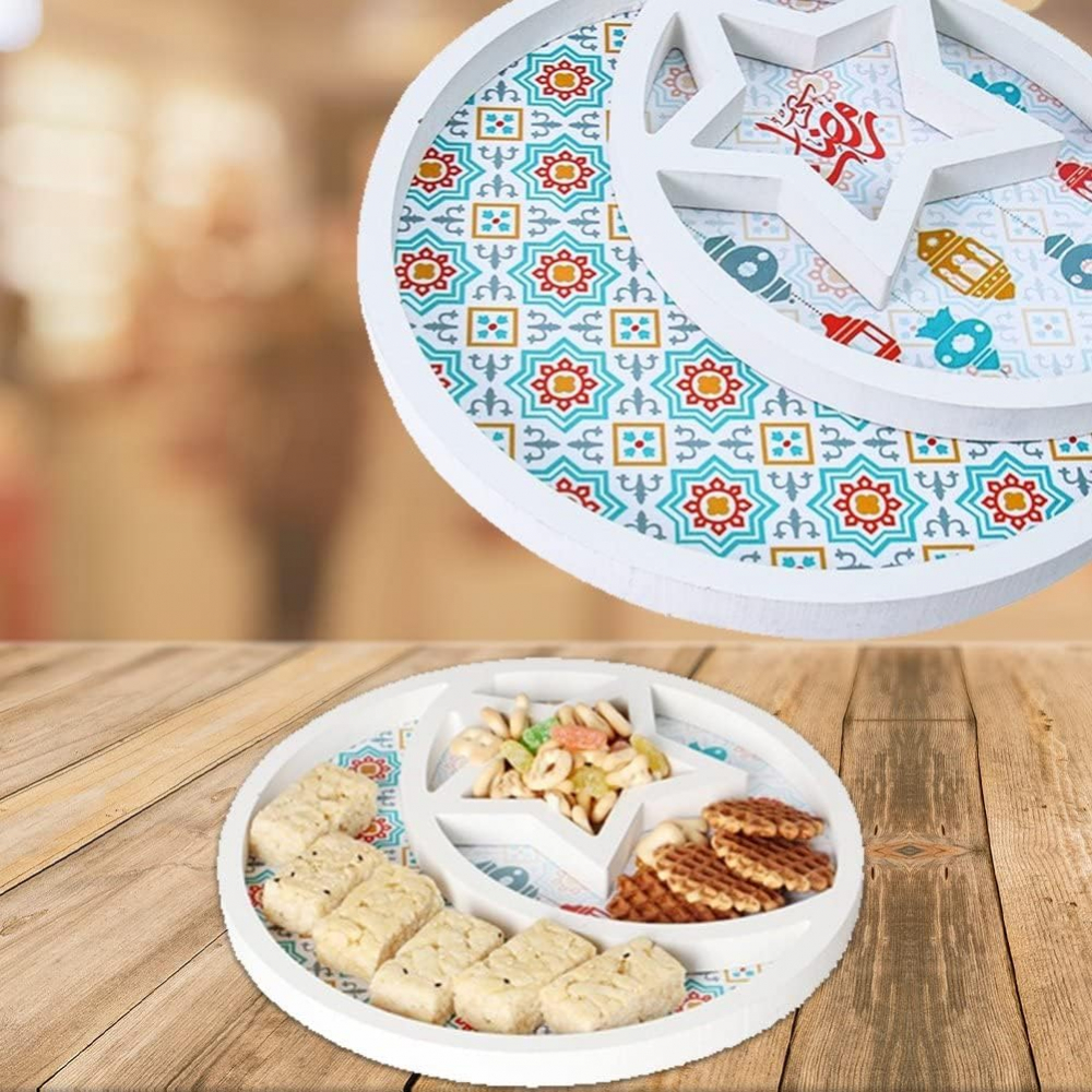 Platou de Servire din Lemn, Design cu Stele și Lună, Tava pentru Deserturi, Suport Display pentru Eid Mubarak, Dimensiuni 29,5 x 2 cm, Alb, VRFH [6]