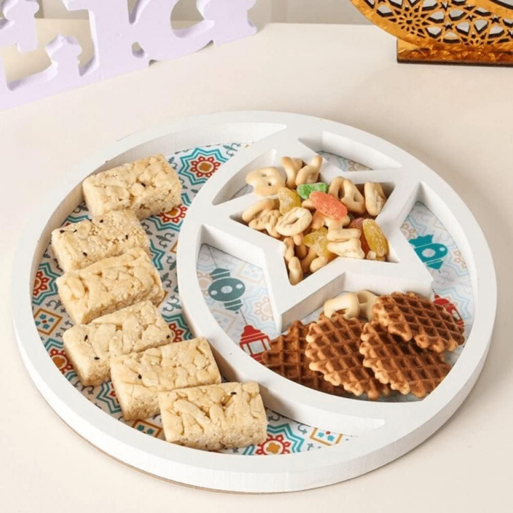 Platou de Servire din Lemn, Design cu Stele și Lună, Tava pentru Deserturi, Suport Display pentru Eid Mubarak, Dimensiuni 29,5 x 2 cm, Alb, VRFH [4]