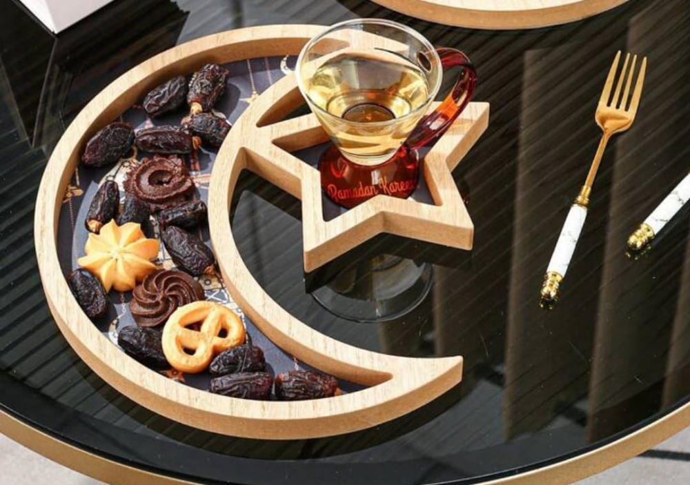 Platou de Servire din Lemn, Design cu Stele și Lună, Tava pentru Deserturi, Suport Display pentru Eid Mubarak, Dimensiuni 29,5 x 2 cm, Gri, VG5N [4]