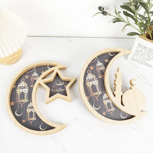 Platou de Servire din Lemn, Design cu Stele și Lună, Tava pentru Deserturi, Suport Display pentru Eid Mubarak, Dimensiuni 29,5 x 2 cm, Gri, VG5N [2]