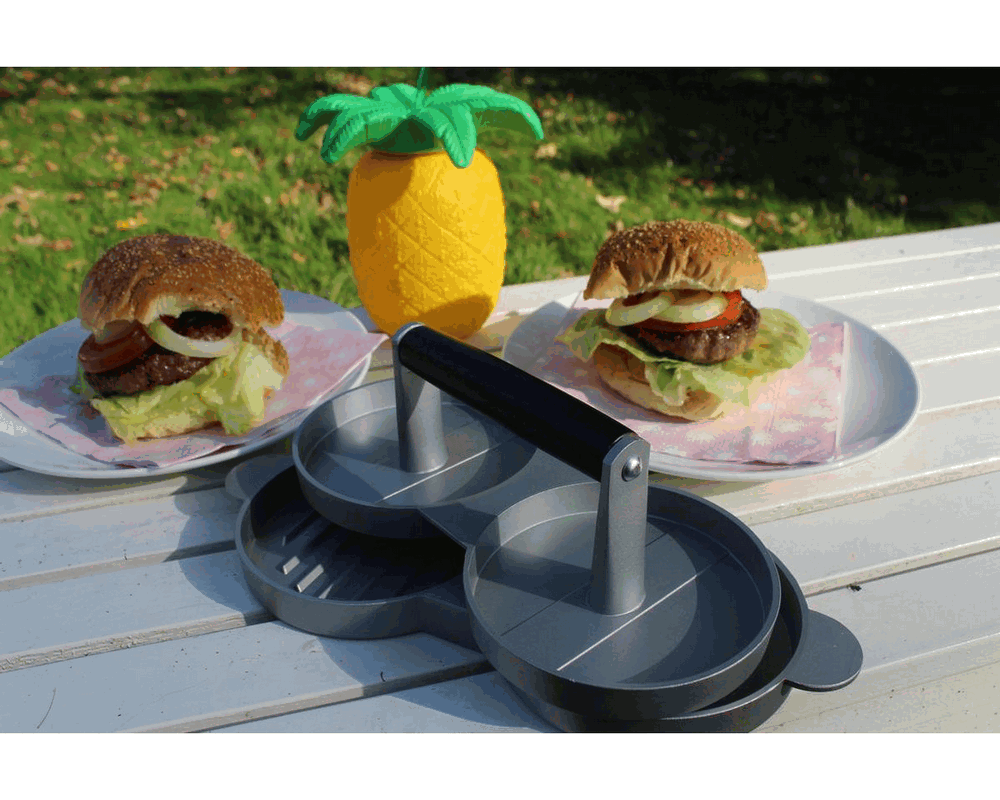 Presă dublă pentru hamburgeri din aluminiu cu maner din lemn, 27.9x12x7.9 cm [3]