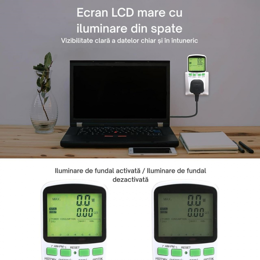Priza cu Contor de energie Digital, monitorizare consum în timp real, 3680W, 16A, LCD [3]