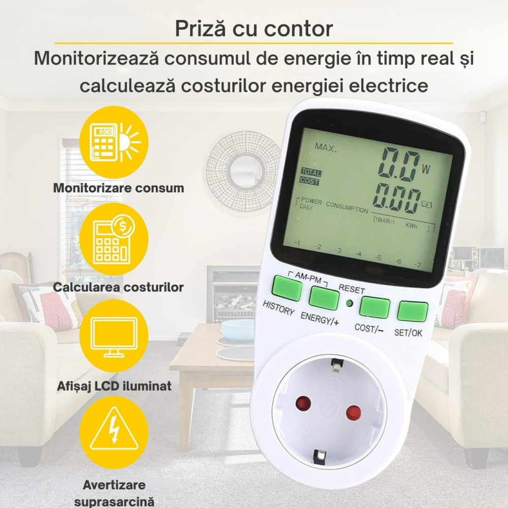 Priza cu Contor de energie Digital, monitorizare consum în timp real, 3680W, 16A, LCD [2]