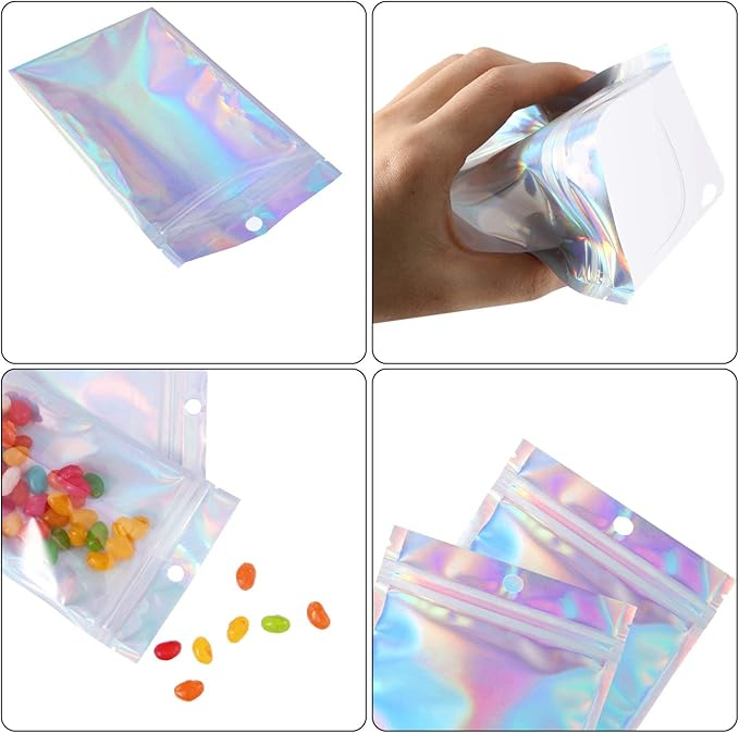 Pungi Holografice din Folie, Pachet de 50 buc Reutilizabile Ziplock, pentru Stocare Mostre, Ceară, Alimente, 9 x 16 cm, Argintiu [4]