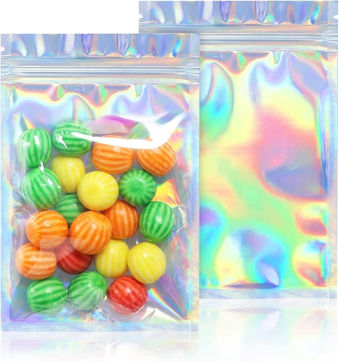Pungi Holografice din Folie, Pachet de 50 buc Reutilizabile Ziplock, pentru Stocare Mostre, Ceară, Alimente, 9 x 16 cm, Argintiu [6]