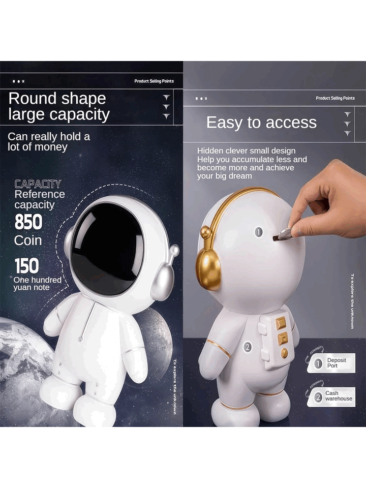Pusculita pentru copii, model astronaut, capac detasabil, decoratiune depozitare bani, 25x17cm, plastic, alb/gri [3]