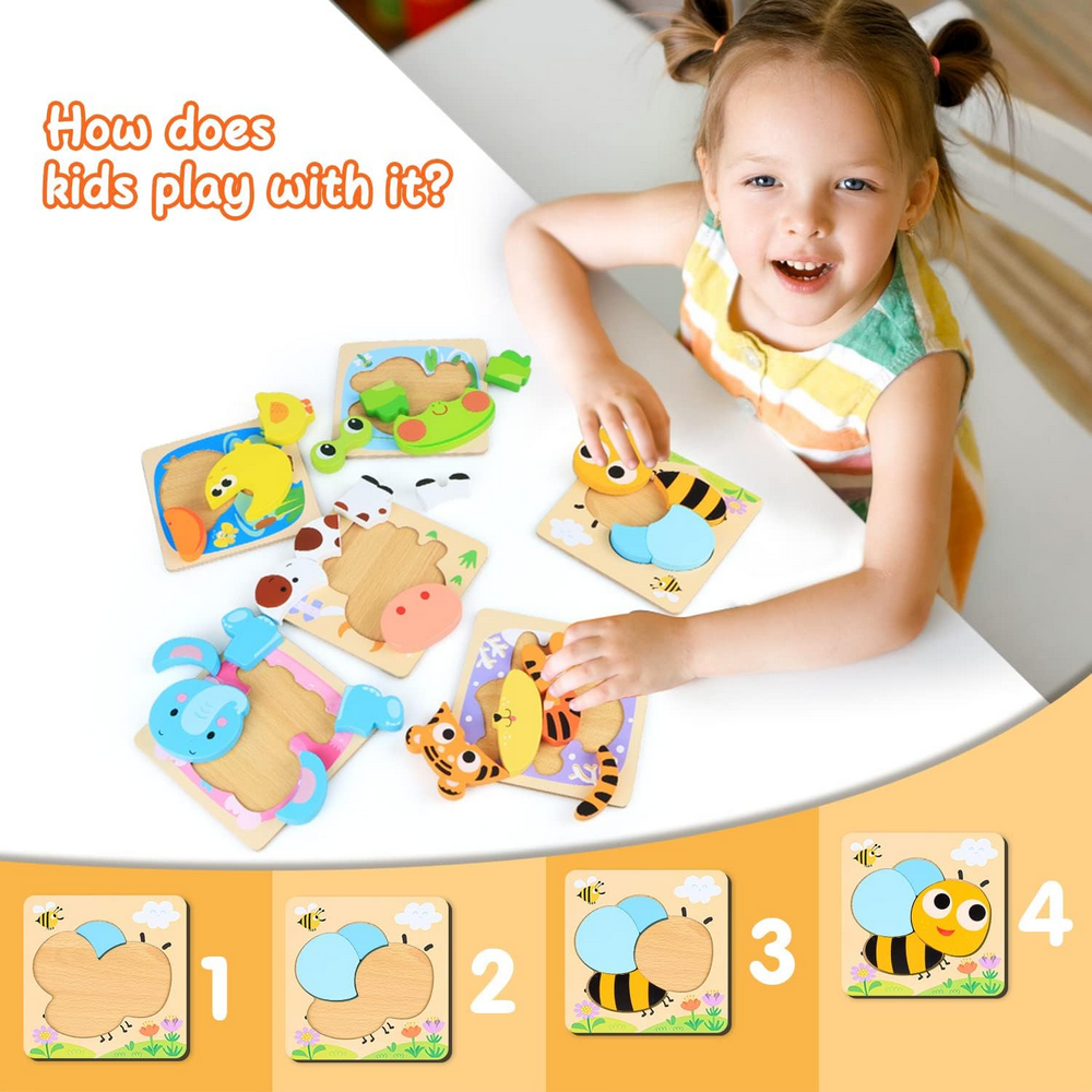 Puzzle din lemn Kizmyee - 6 piese cu animale, Jucarie educativa Montessori pentru copii 2-4 ani [5]