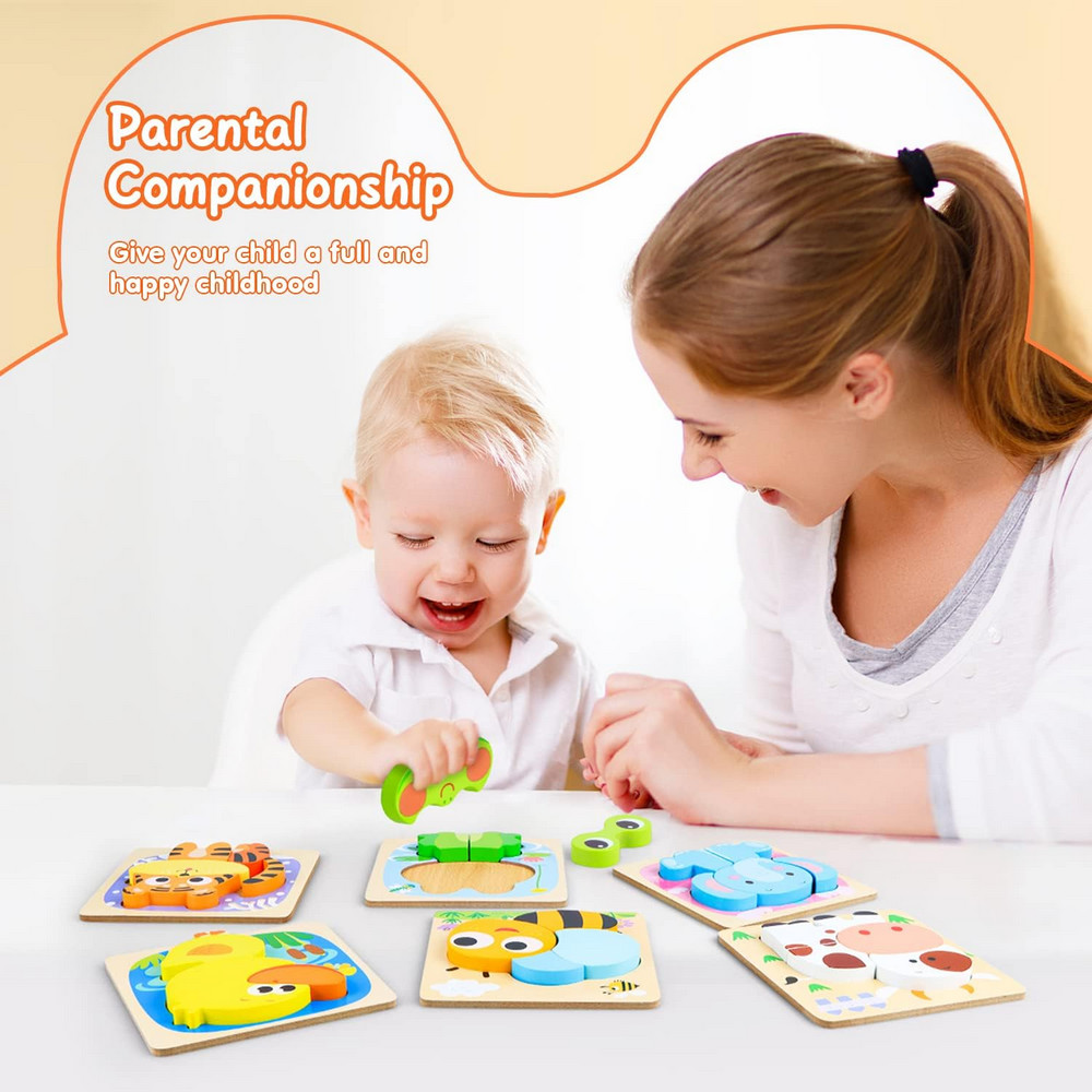 Puzzle din lemn Kizmyee - 6 piese cu animale, Jucarie educativa Montessori pentru copii 2-4 ani [7]