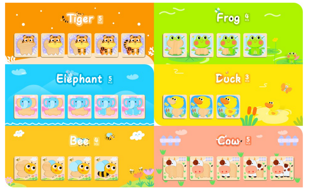 Puzzle din lemn Kizmyee - 6 piese cu animale, Jucarie educativa Montessori pentru copii 2-4 ani [8]