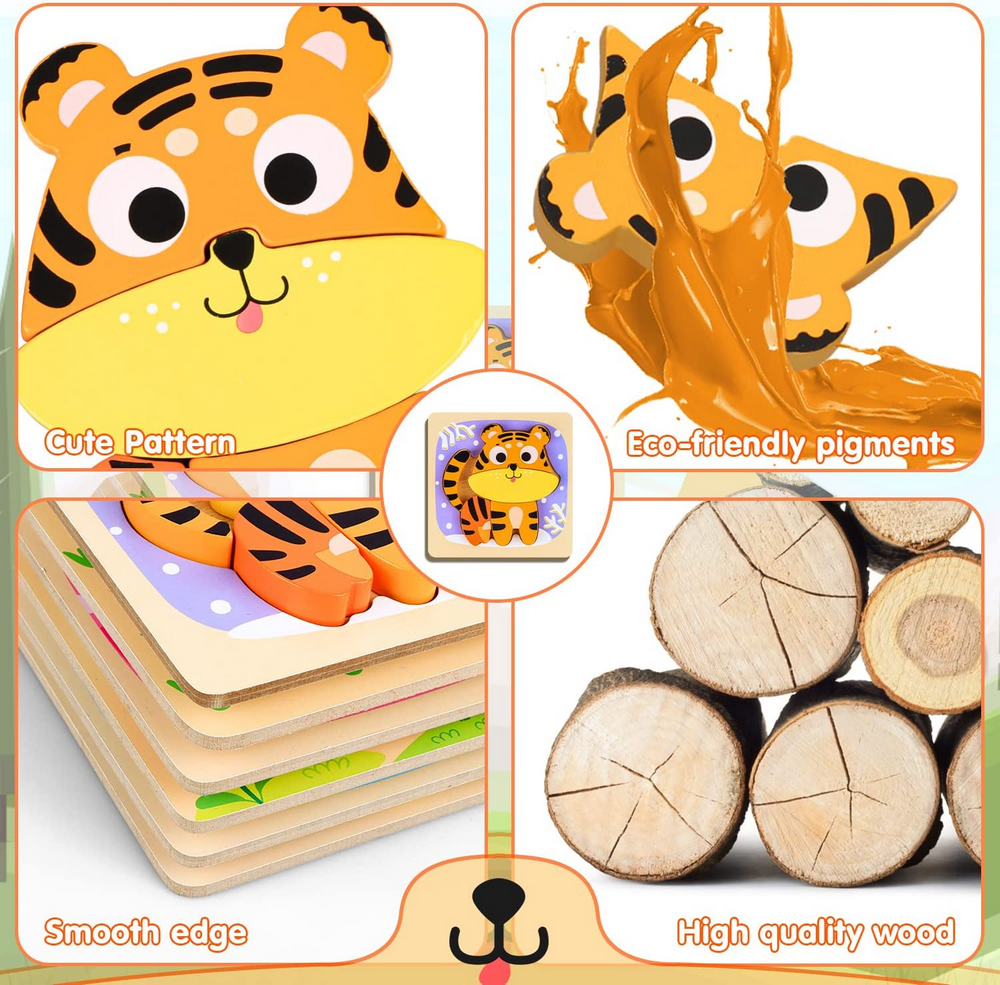 Puzzle din lemn Kizmyee - 6 piese cu animale, Jucarie educativa Montessori pentru copii 2-4 ani [3]
