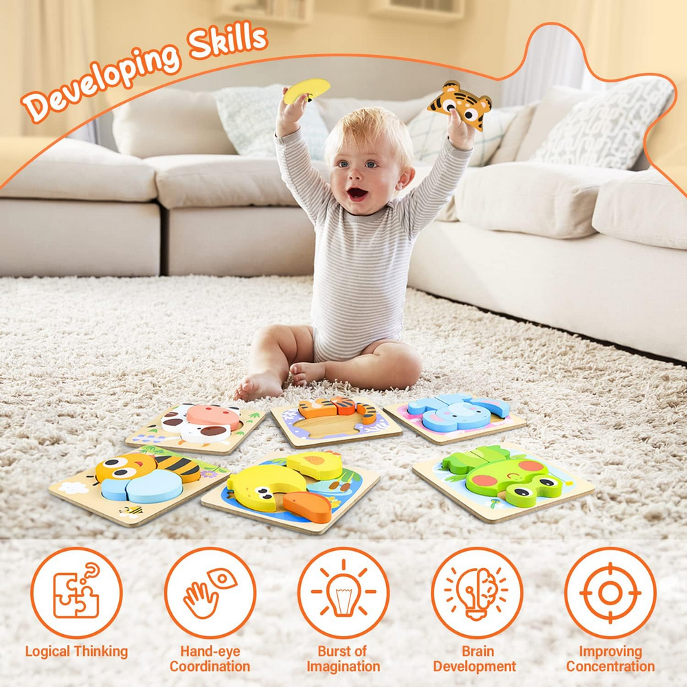 Puzzle din lemn Kizmyee - 6 piese cu animale, Jucarie educativa Montessori pentru copii 2-4 ani [2]