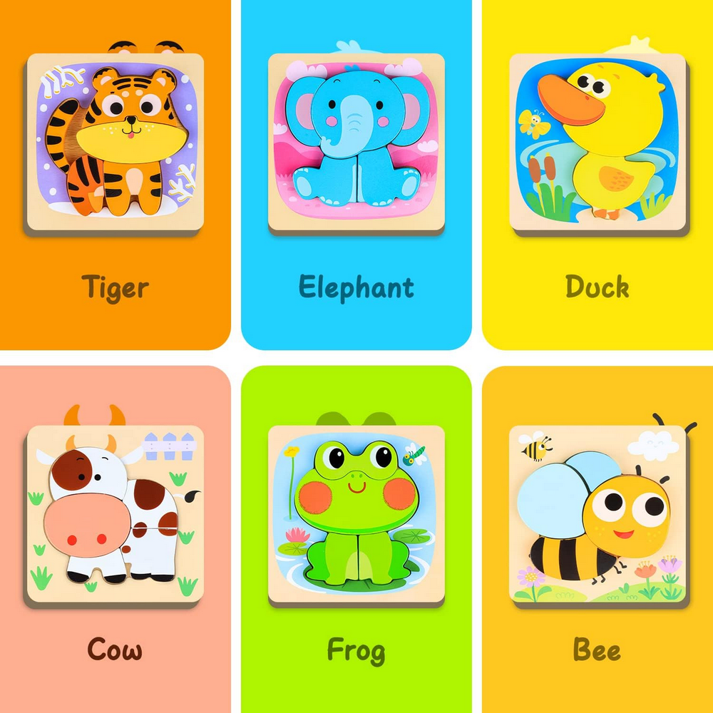 Puzzle din lemn Kizmyee - 6 piese cu animale, Jucarie educativa Montessori pentru copii 2-4 ani [4]