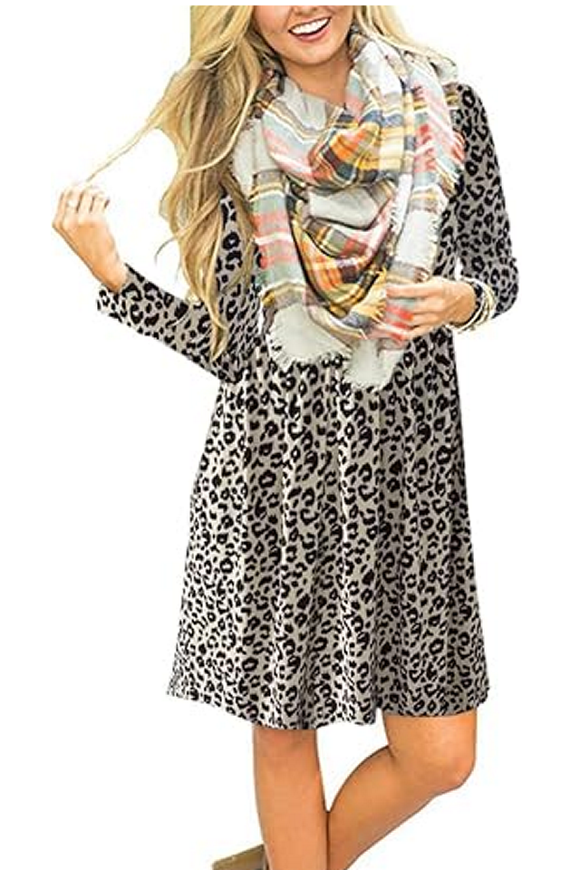Rochie casual de vara cu maneci lungi,  lejeră, AUSELILY, imprimeu leopard, marime S, U4Z4T [3]