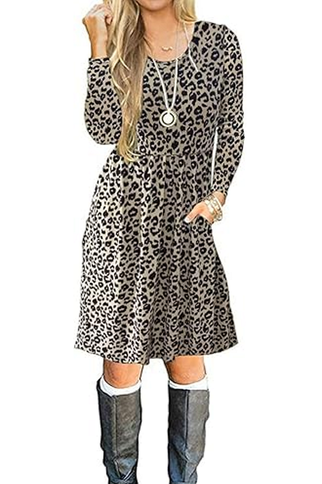 Rochie casual de vara cu maneci lungi,  lejeră, AUSELILY, imprimeu leopard, marime S, U4Z4T [4]