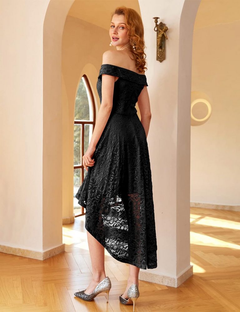 Rochie cocktail Homrain, eleganta, din dantela cu model floral, umeri goi, negru [4]