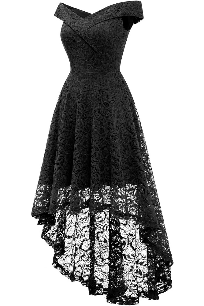 Rochie cocktail Homrain, eleganta, din dantela cu model floral, umeri goi, negru [2]