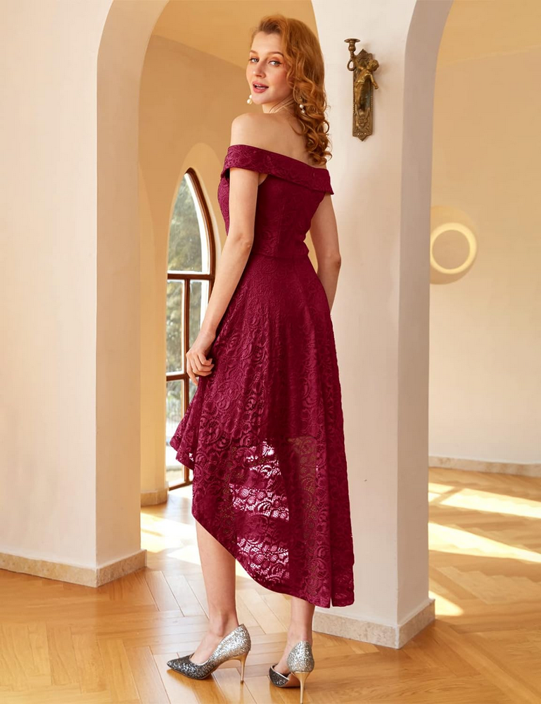 Rochie cocktail Homrain, eleganta, din dantela cu model floral, umeri goi, visiniu, marime M [4]