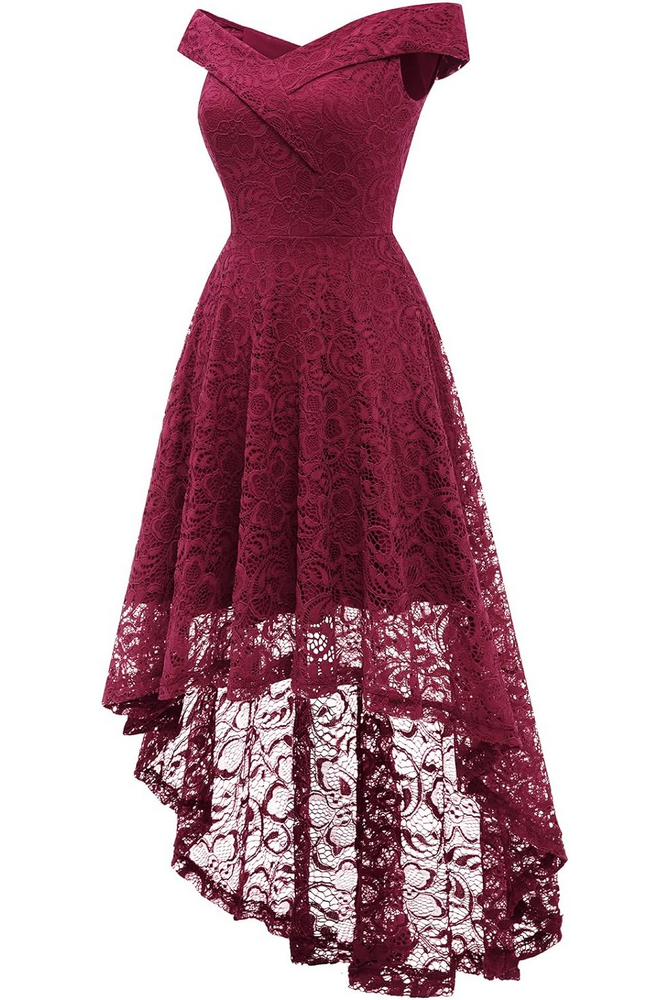 Rochie cocktail Homrain, eleganta, din dantela cu model floral, umeri goi, visiniu, marime M [2]
