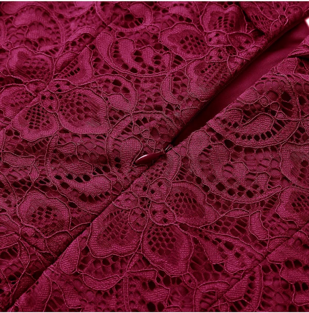 Rochie cocktail Homrain, eleganta, din dantela cu model floral, umeri goi, visiniu, marime M [6]