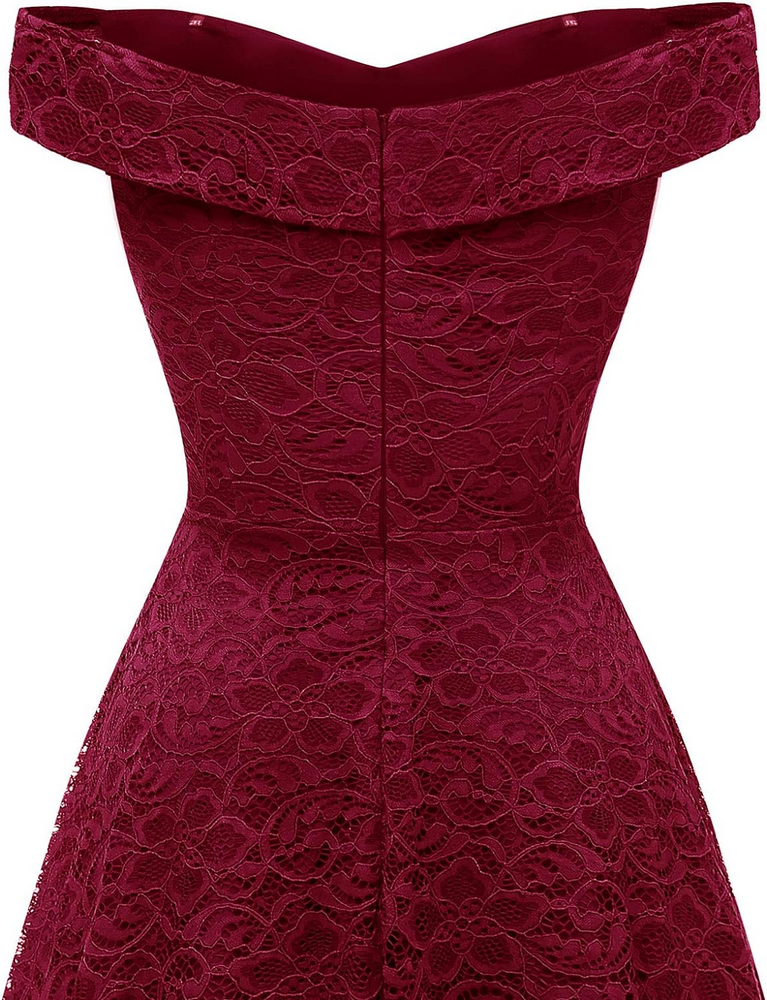 Rochie cocktail Homrain, eleganta, din dantela cu model floral, umeri goi, visiniu, marime M [5]