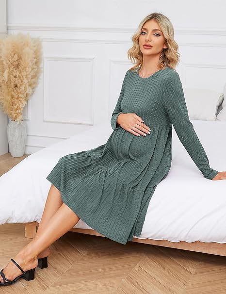 Rochie de Maternitate pentru Femei din Tricot Rib Knit, cu Decolteu Rotund, MAVIS LAVEN [4]
