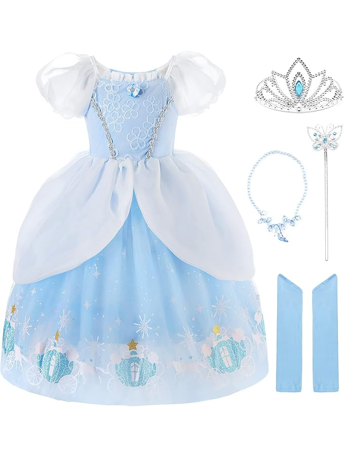 Rochie de Prințesă „Flower” pentru Fetițe, Mărimea 130 (7-8 ani), Albastru, bagheta, coronita, lantic + alte accesorii incluse in set [1]