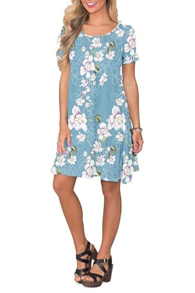 Rochie de vara casual pentru femei, WNEEDU, model floral albastru deschis, cu maneca scurta, marime S [3]