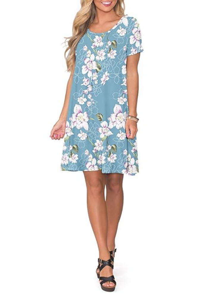 Rochie de vara casual pentru femei, WNEEDU, model floral albastru deschis, cu maneca scurta, marime S [5]