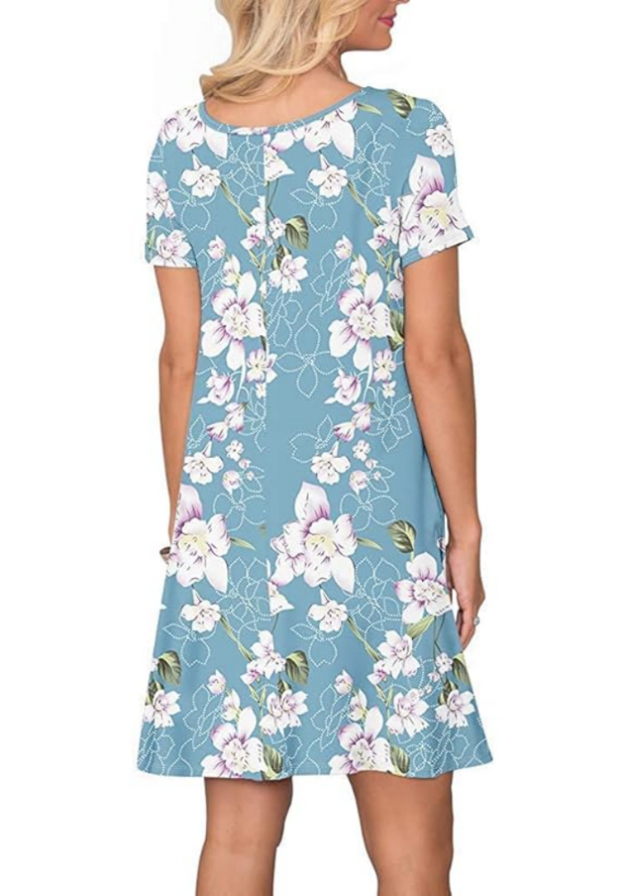 Rochie de vara casual pentru femei, WNEEDU, model floral albastru deschis, cu maneca scurta, marime S [4]