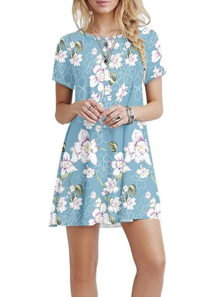 Rochie de vara casual pentru femei, WNEEDU, model floral albastru deschis, cu maneca scurta, marime S [6]