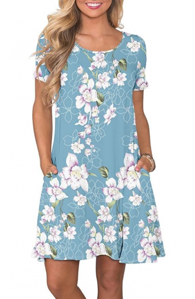 Rochie de vara casual pentru femei, WNEEDU, model floral albastru deschis, cu maneca scurta, marime S [1]