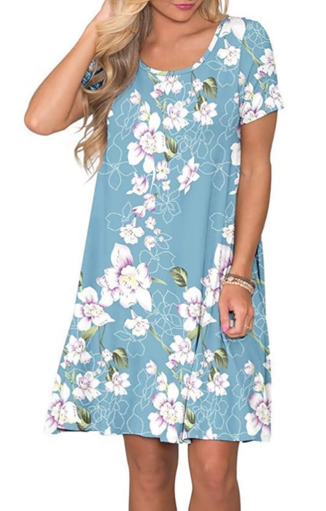Rochie de vara casual pentru femei, WNEEDU, model floral albastru deschis, cu maneca scurta, marime S [2]